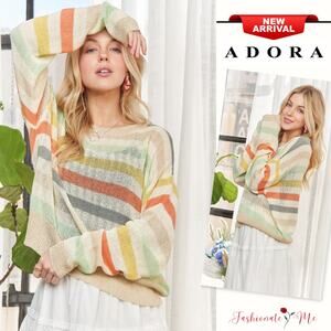ADORA Multicolor Stripe Print Long Sleeves Lightweight Relaxed Fit Knit Sweater